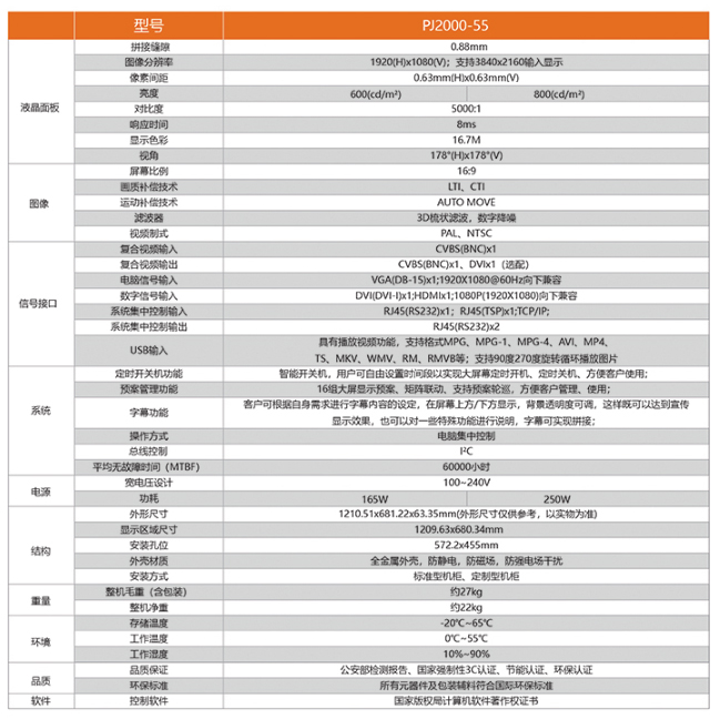 55寸拼接屏0.88mm拼縫規(guī)格參數(shù)介紹